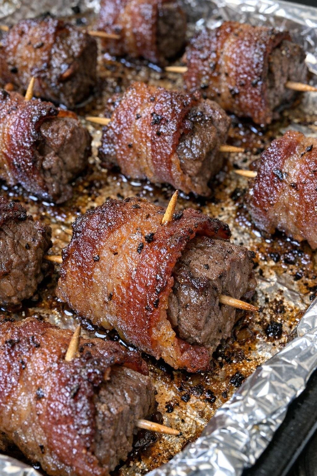 Close-up of finished beef bacon bites