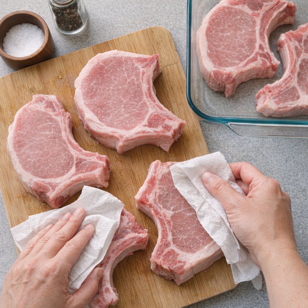 Hand patting pork chops dry with paper towels