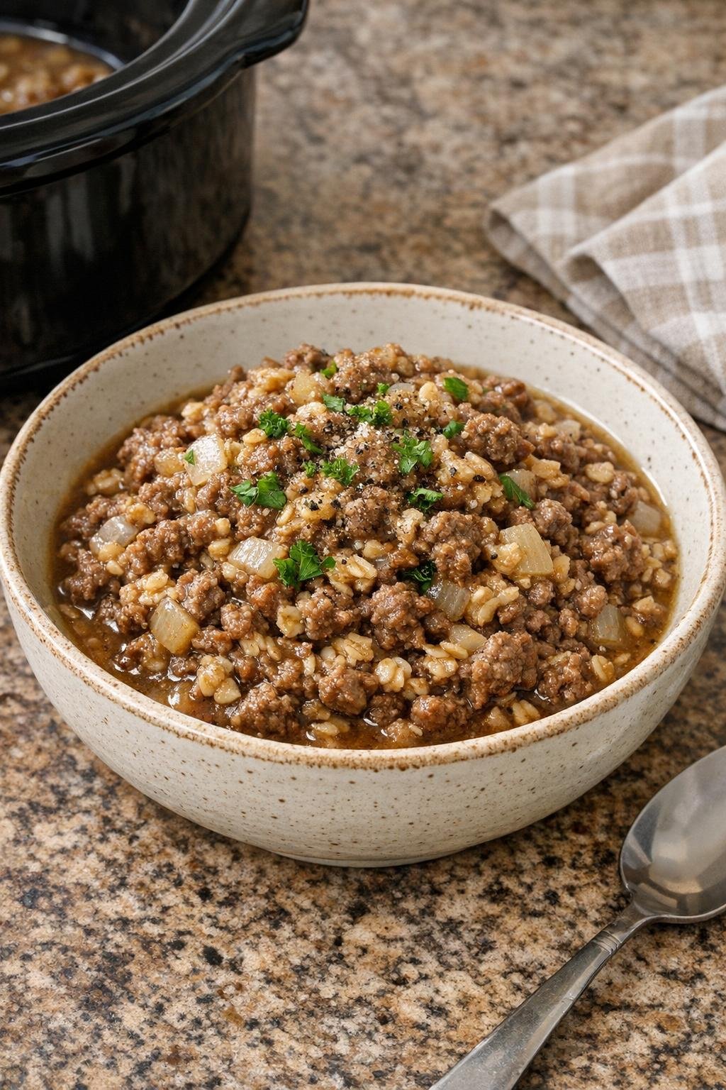 Finished beef and oat mash served in a rustic bowl