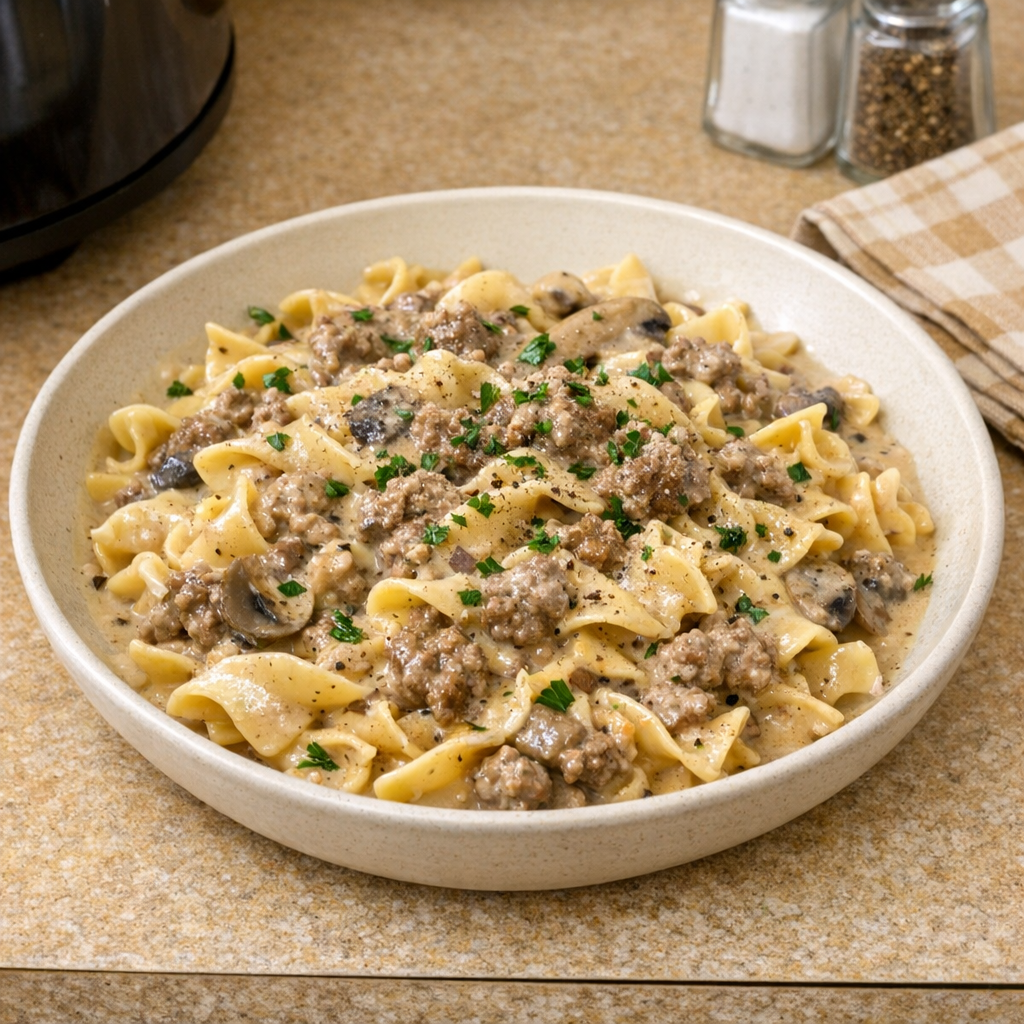 Finished poor man’s stroganoff plated in a bowl