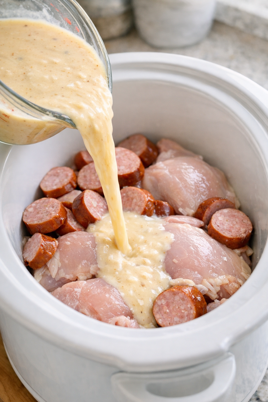 Soup and broth mixture poured over chicken and sausage