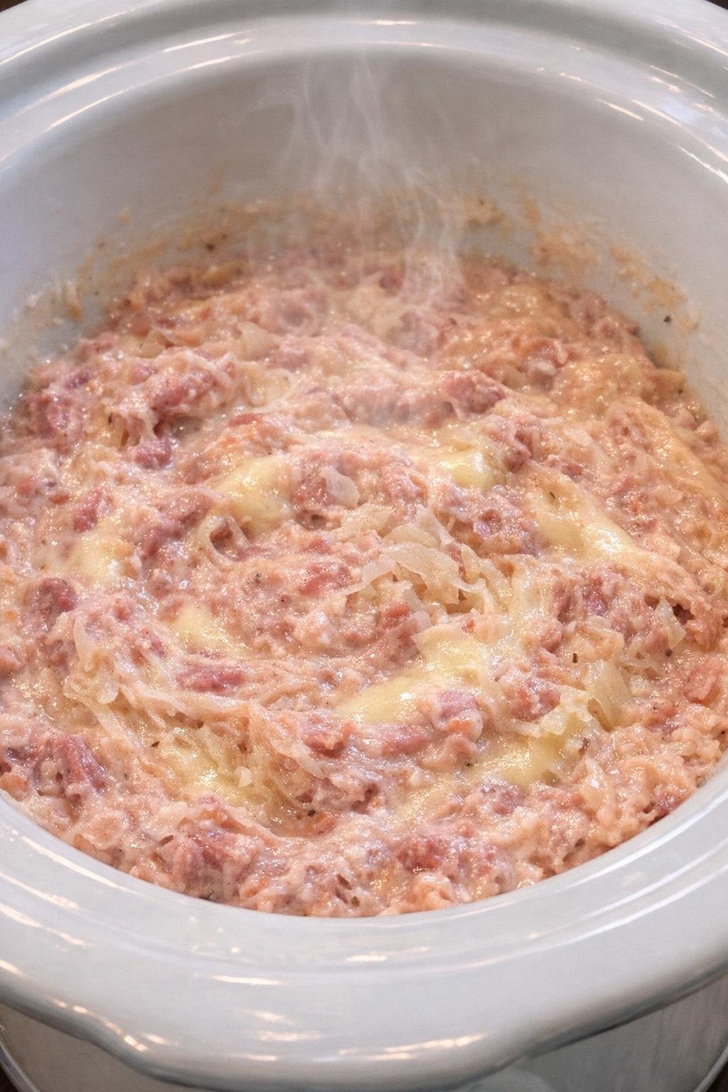 Slow cooker Reuben dip in a white crock