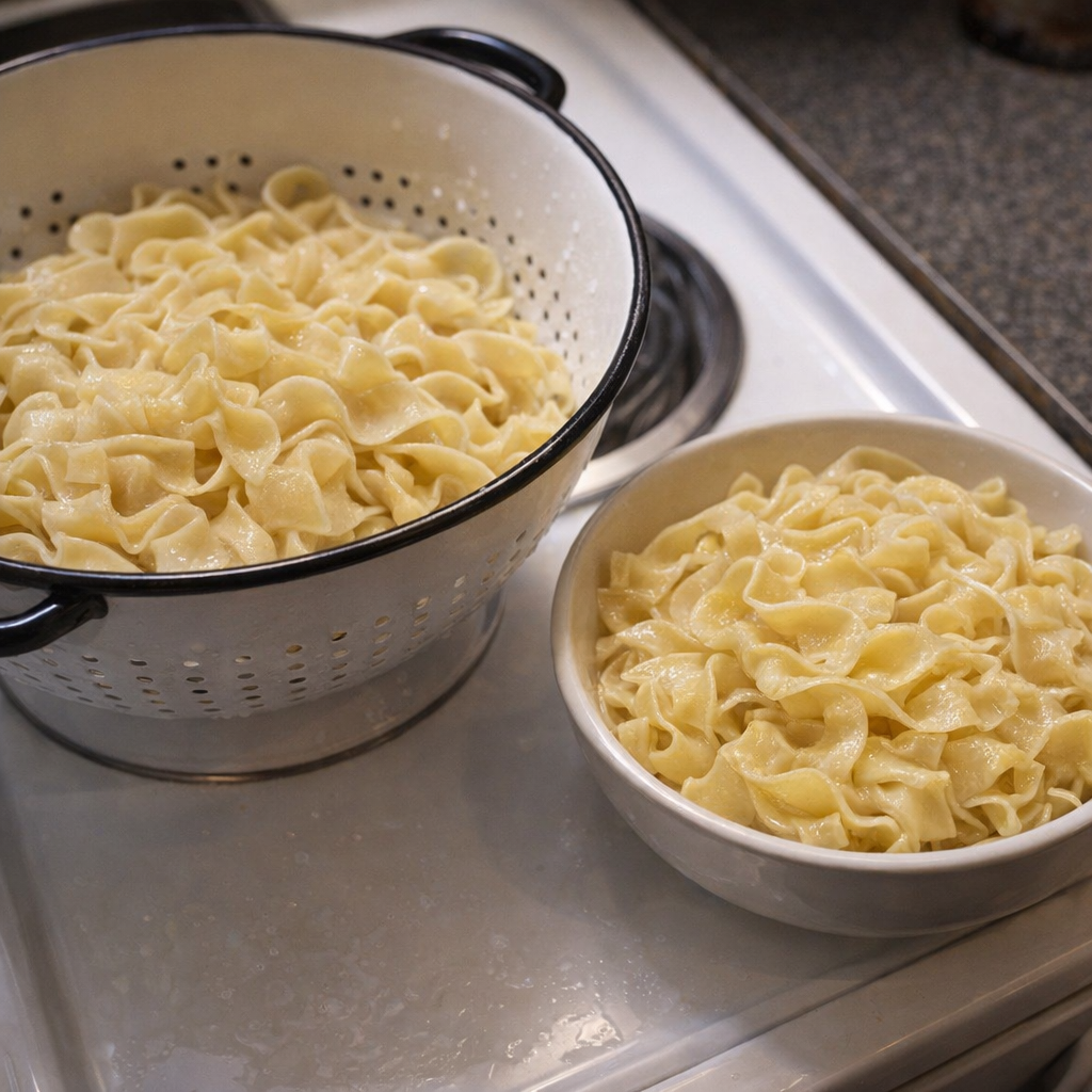 Buttered egg noodles in a colander and serving bowl on the stovetop