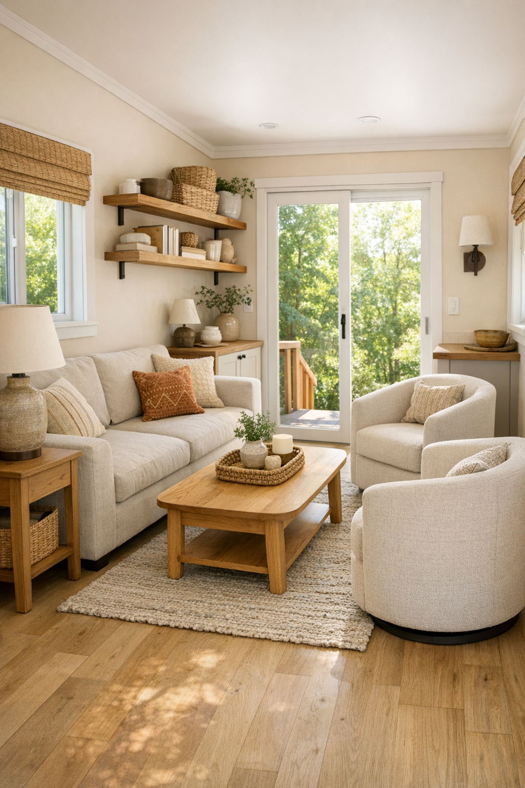 Soft wheat tiny home living room with oatmeal sofa and pale oak floors
