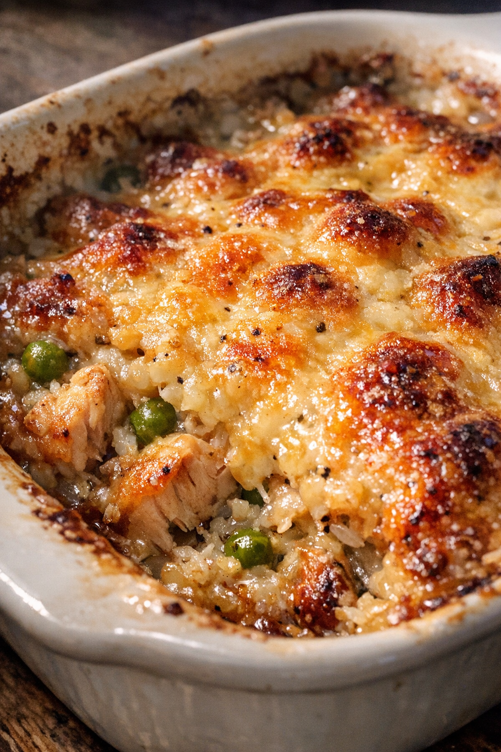 Bubbling golden-crusted casserole in a ceramic baking dish