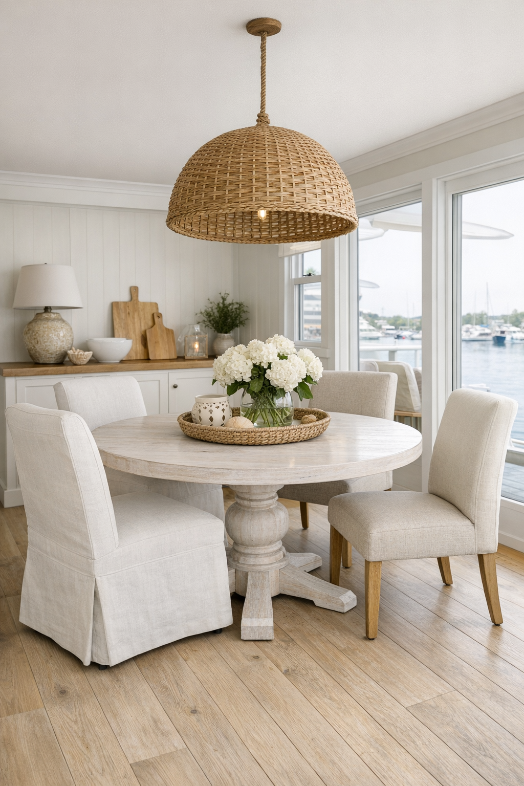 Accessible coastal dining area with a round pedestal table and woven pendant light