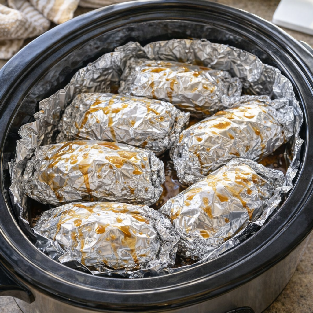Foil chicken packets arranged in a slow cooker before cooking