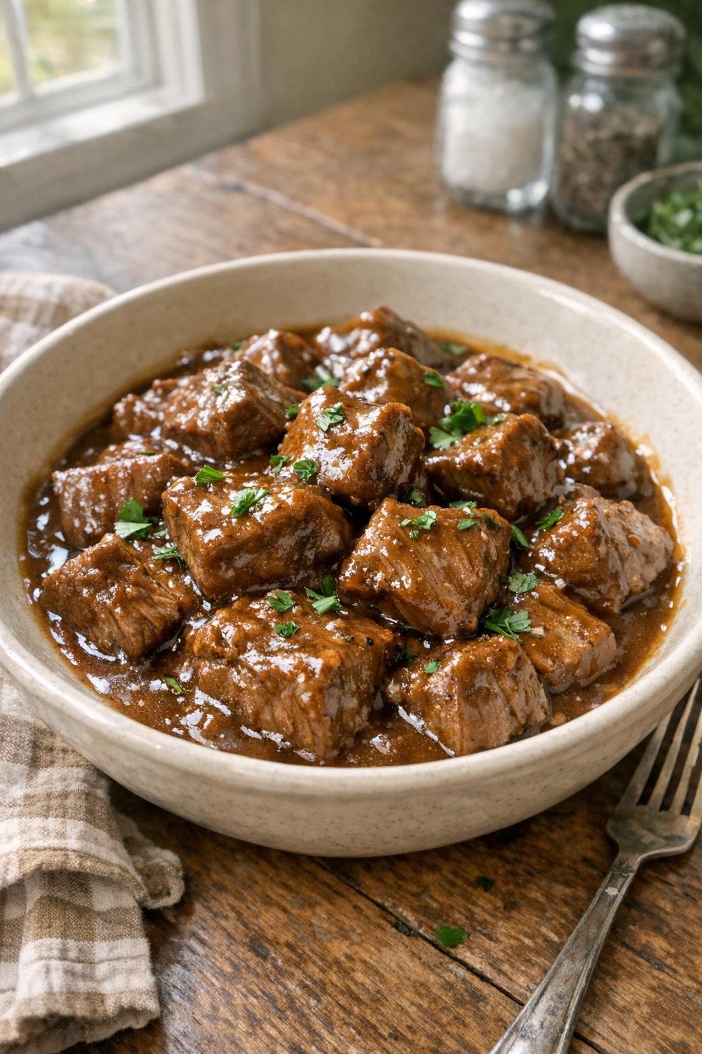 Finished bowl of slow cooker beef tips with brown gravy and parsley