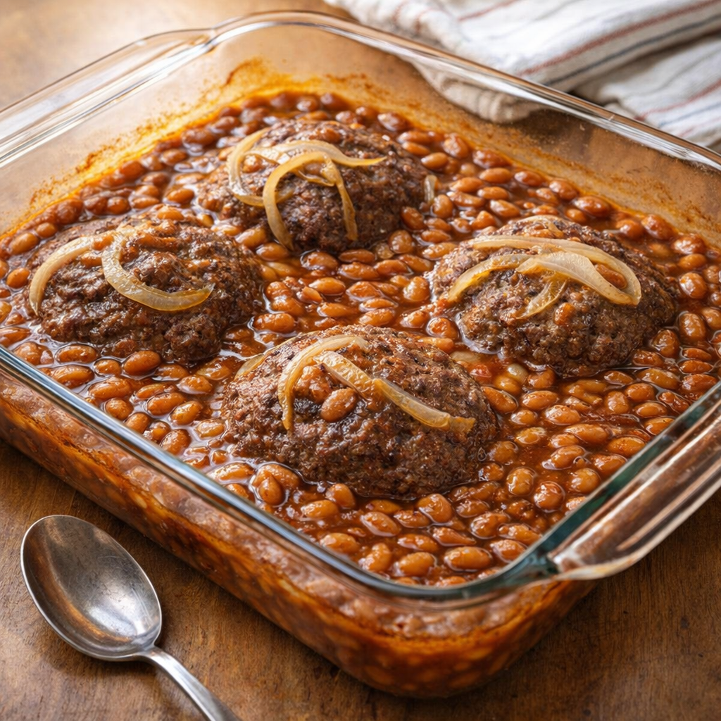 Freshly baked beef and bean casserole in a glass dish