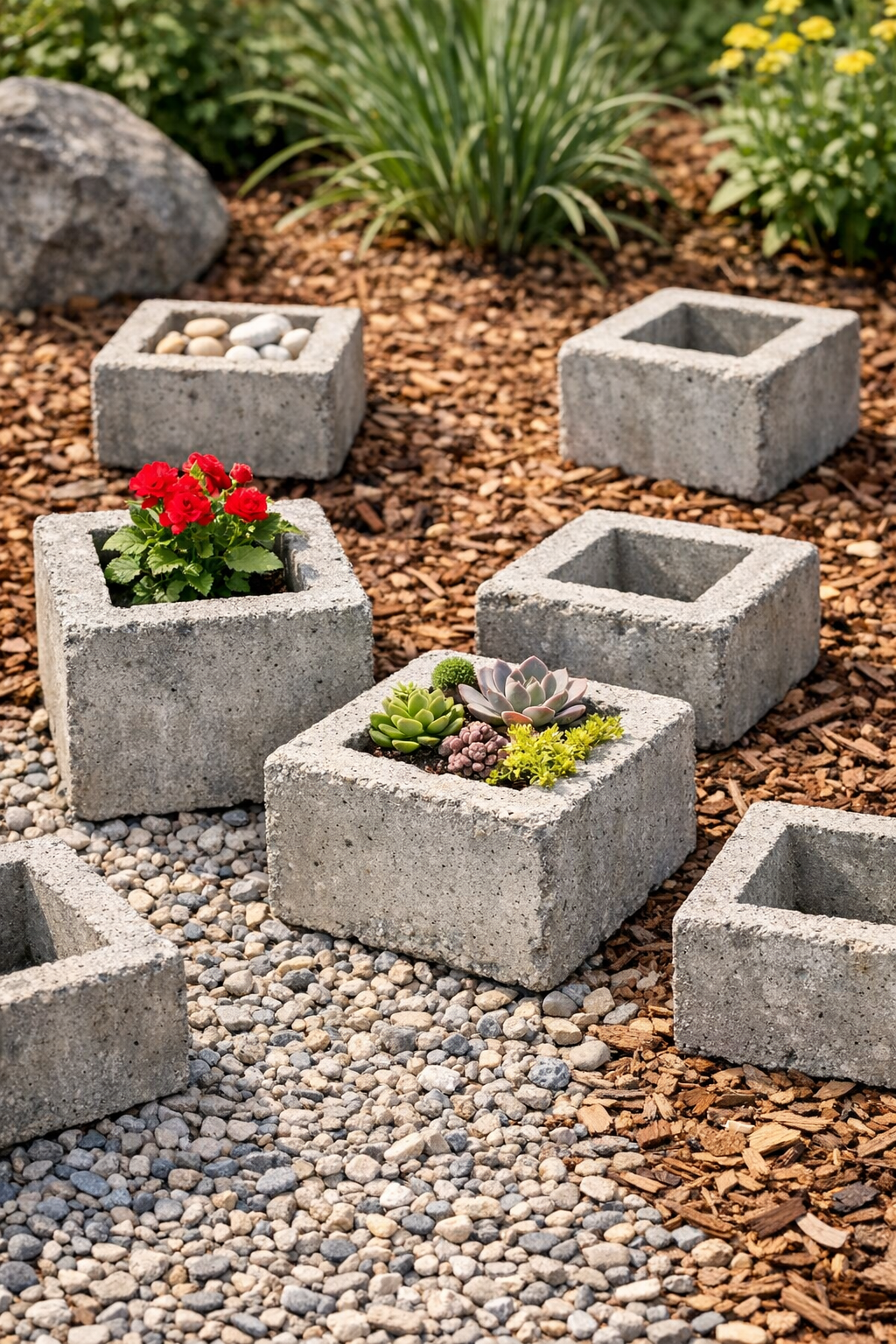 Finished pocketed concrete yard blocks arranged outdoors
