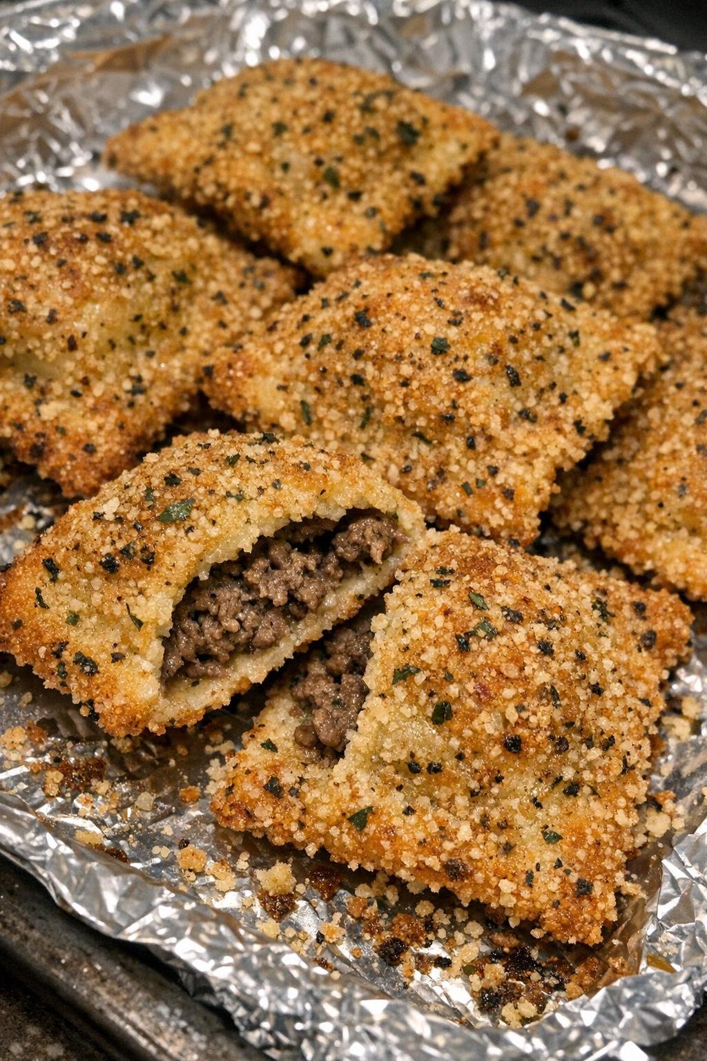 Oven baked beef toasted ravioli on a foil-lined baking sheet