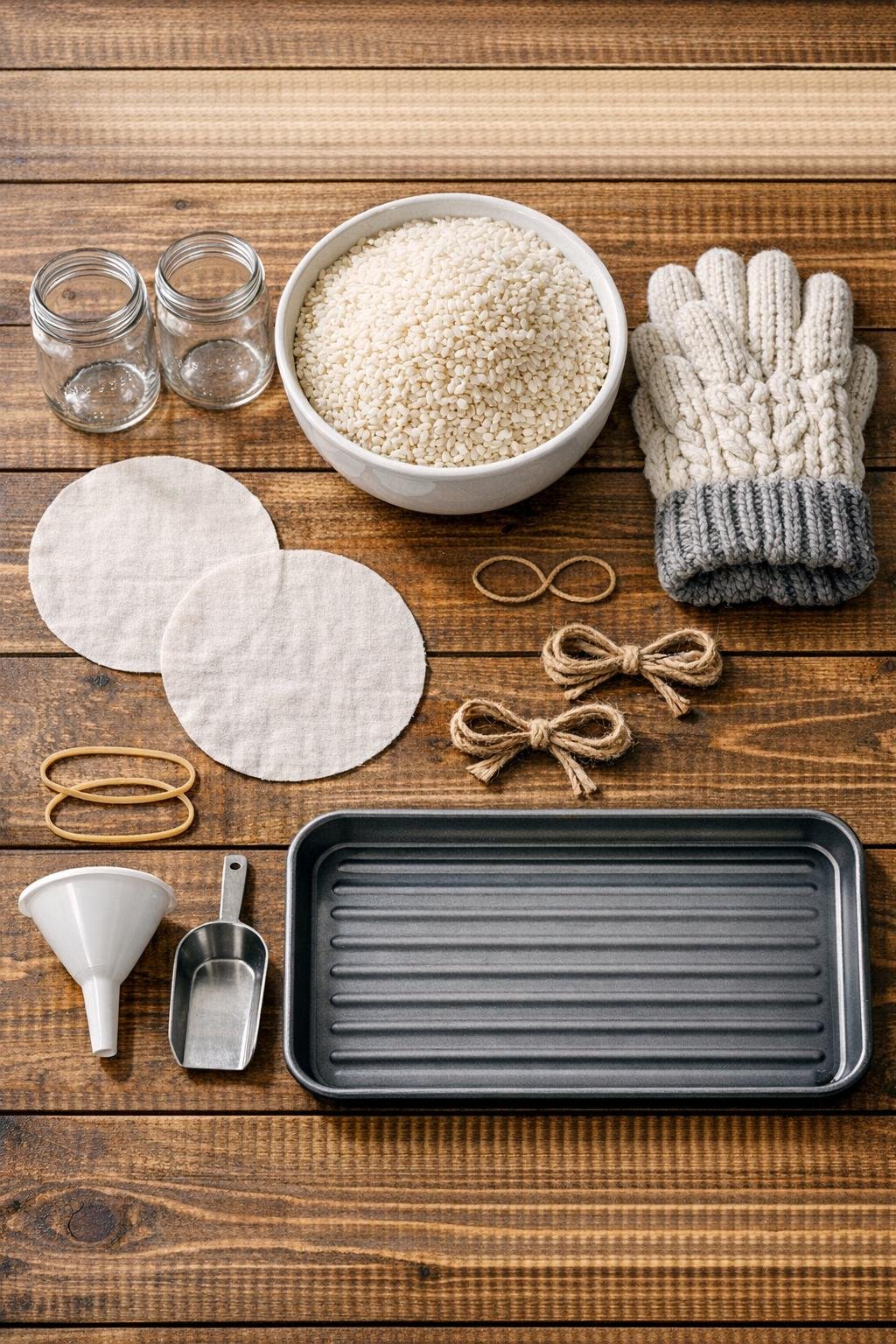 Materials for the glove warmer laid out on a table