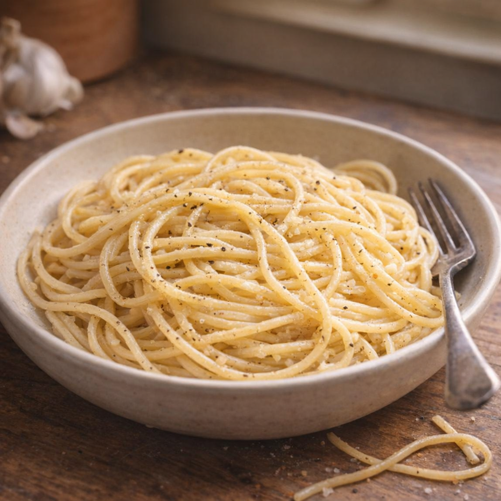 Simple serving of garlic spaghetti with black pepper