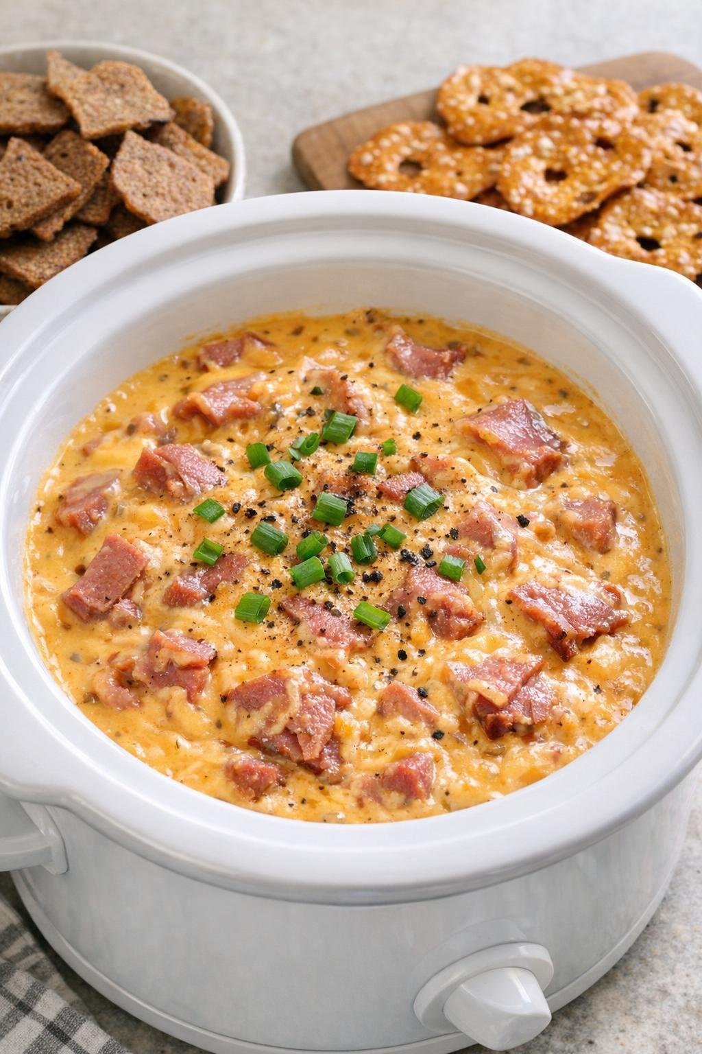 Finished cheesy pastrami dip in a white slow cooker