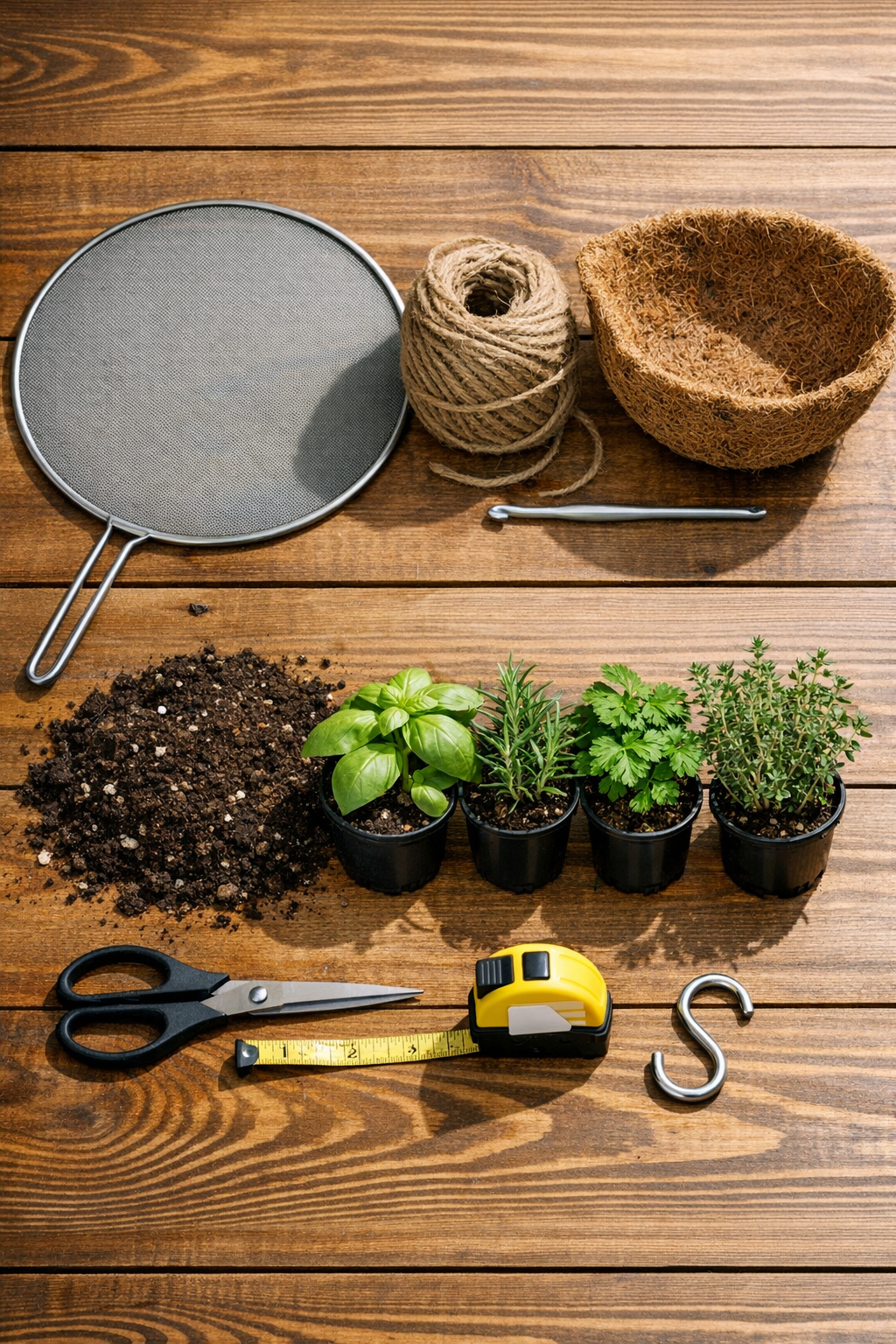 Materials for a crocheted jute hanging herb planter laid out on a table