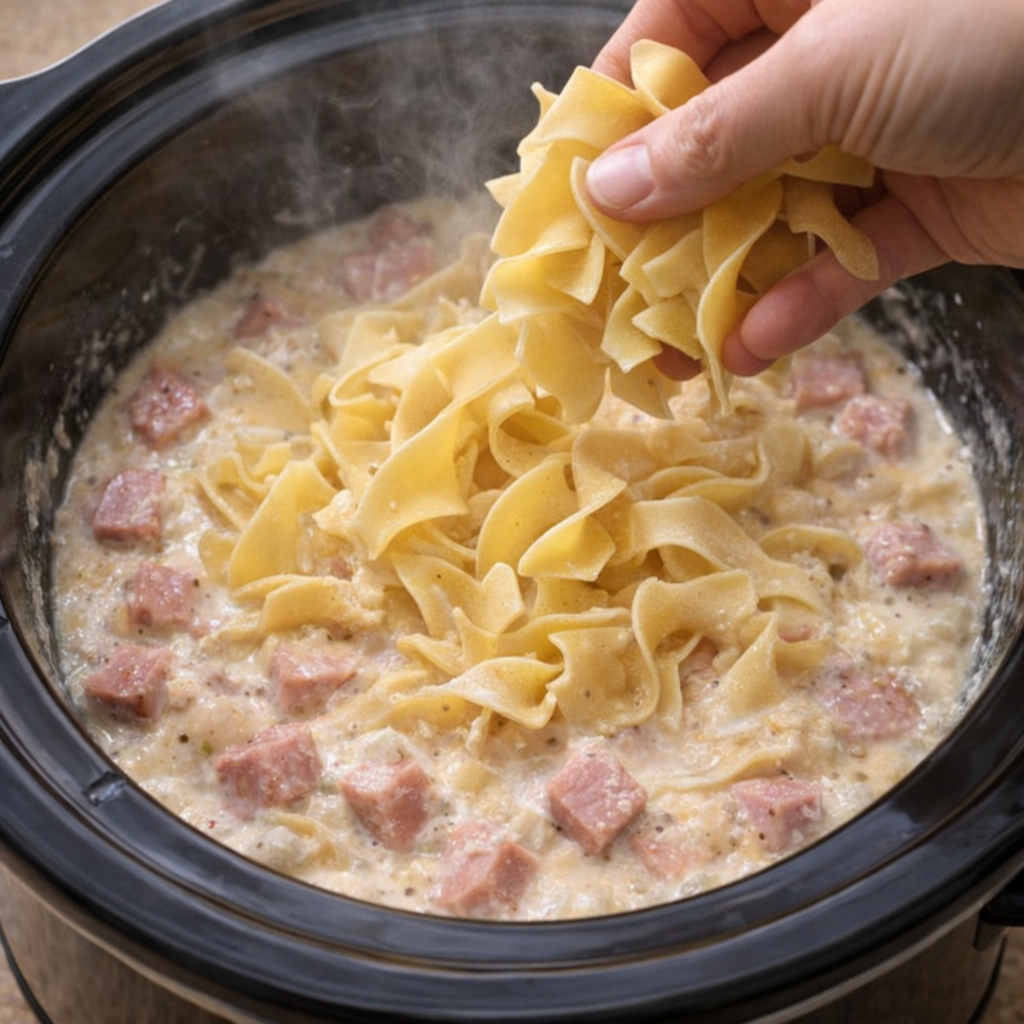 Egg noodles being added to creamy ham mixture in the slow cooker