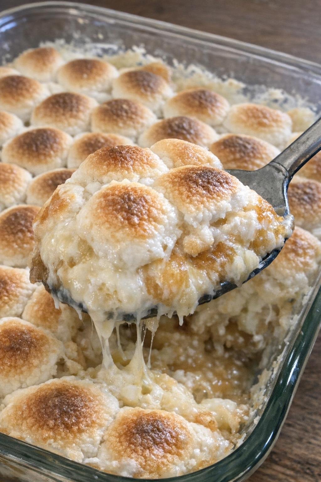 Toasted marshmallow dessert in a glass baking dish