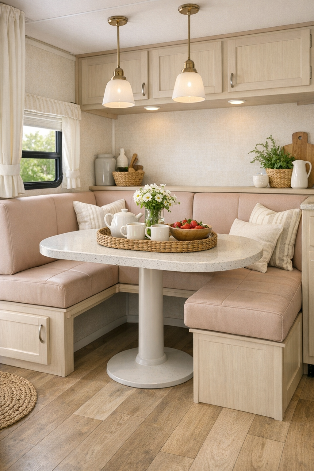 Accessible RV dining nook with blush banquette and pedestal table