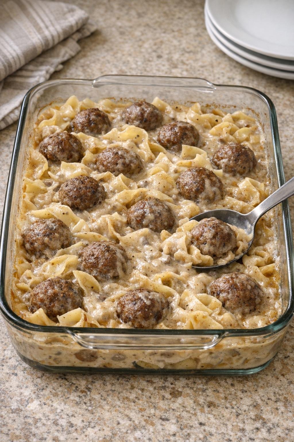 Finished Swedish meatball noodle bake in a baking dish