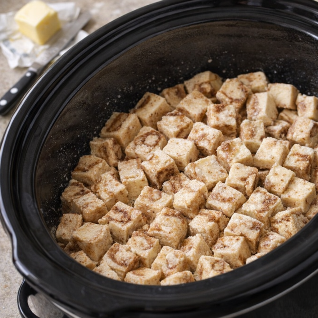Cubed cinnamon rolls in a slow cooker