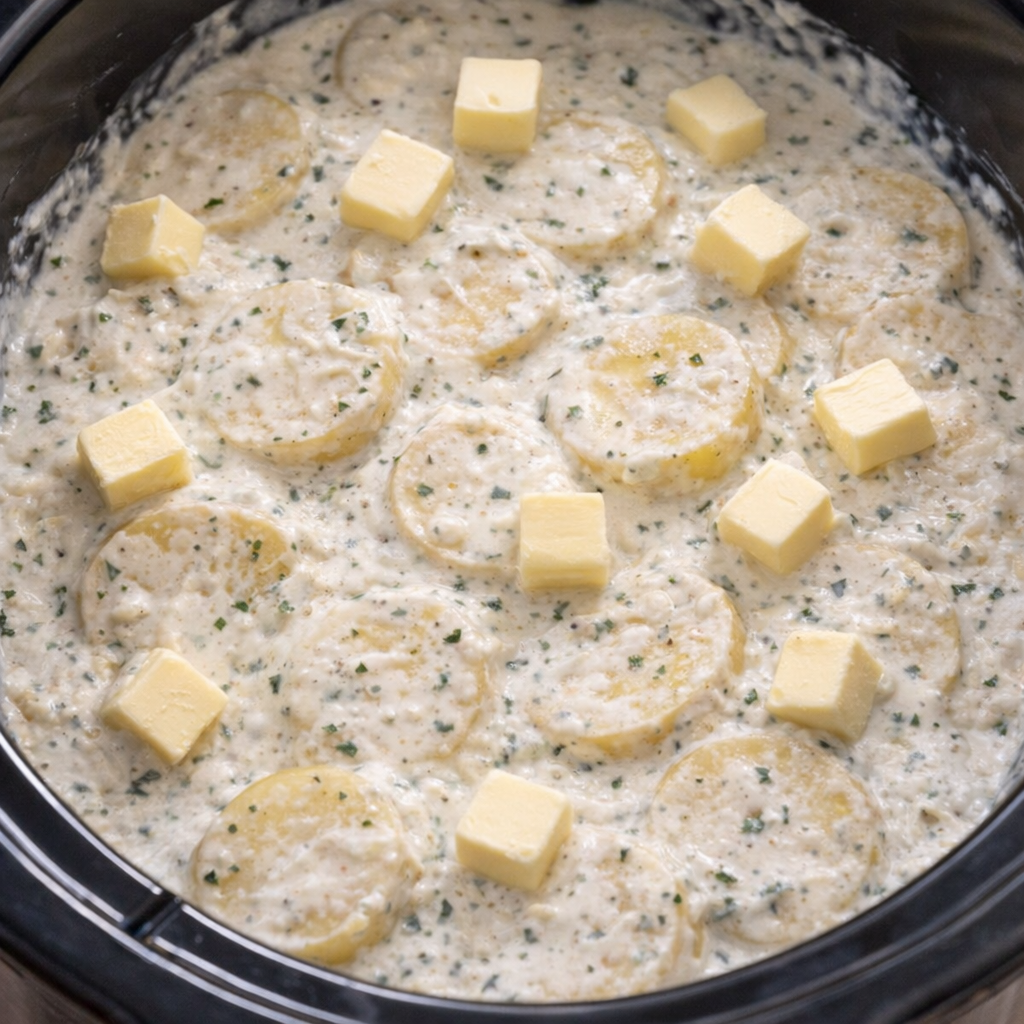 Layered potato slices and sauce inside a slow cooker before cooking