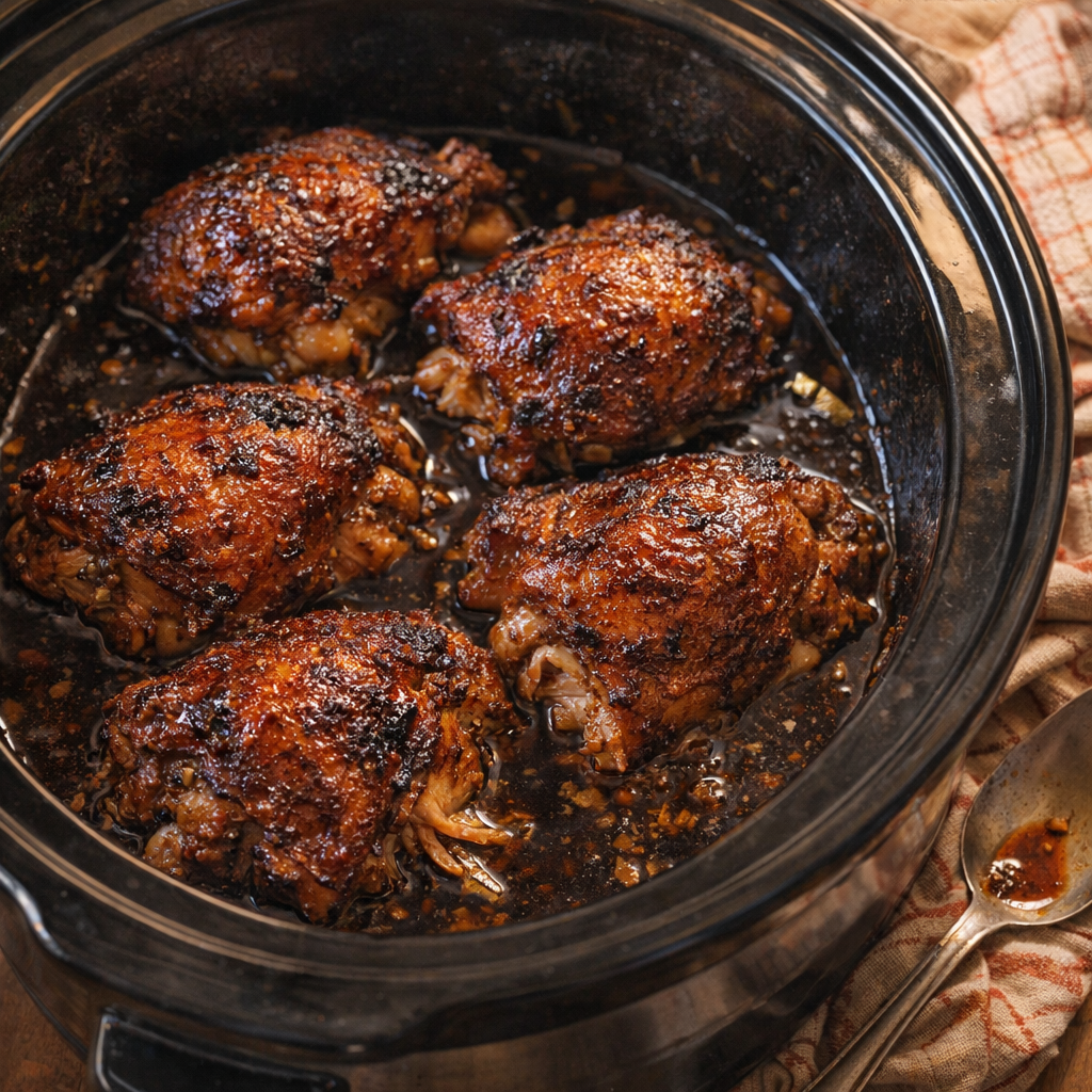 Slow cooker chicken thighs glazed and ready to serve