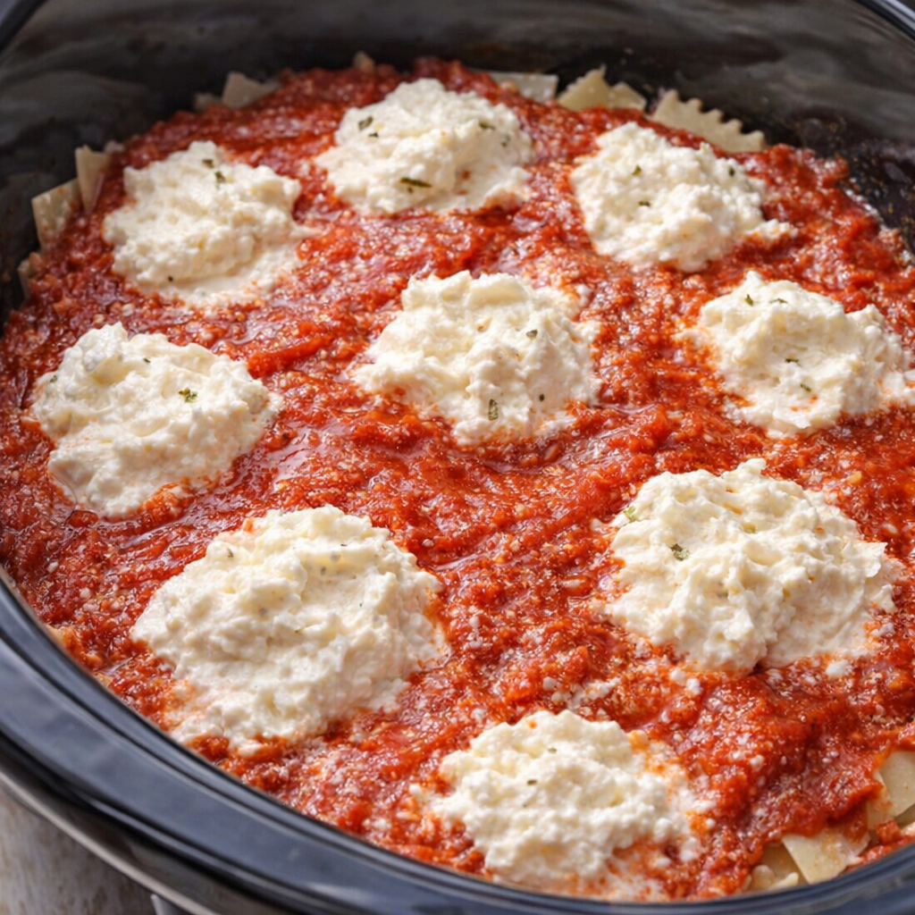 Uncooked layered lasagna ready for the slow cooker lid