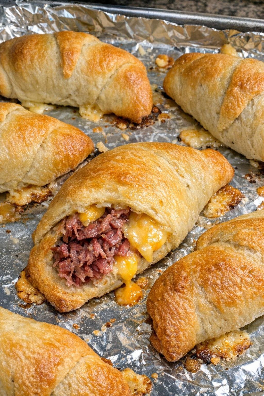 Golden brown corned beef and cheese crescent pockets on a foil-lined baking sheet
