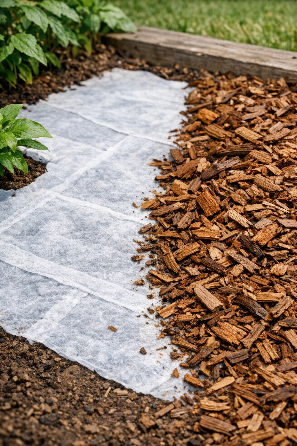 Finished dryer sheet landscaping fabric placed in a garden bed under mulch
