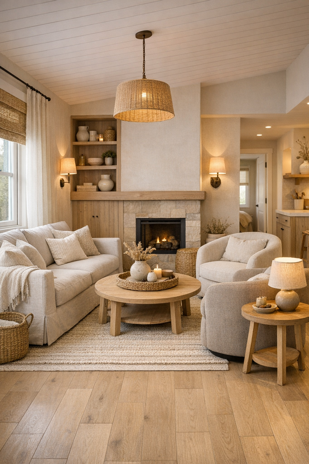 Soft linen-toned accessible tiny home living room with tailored seating and warm layered light