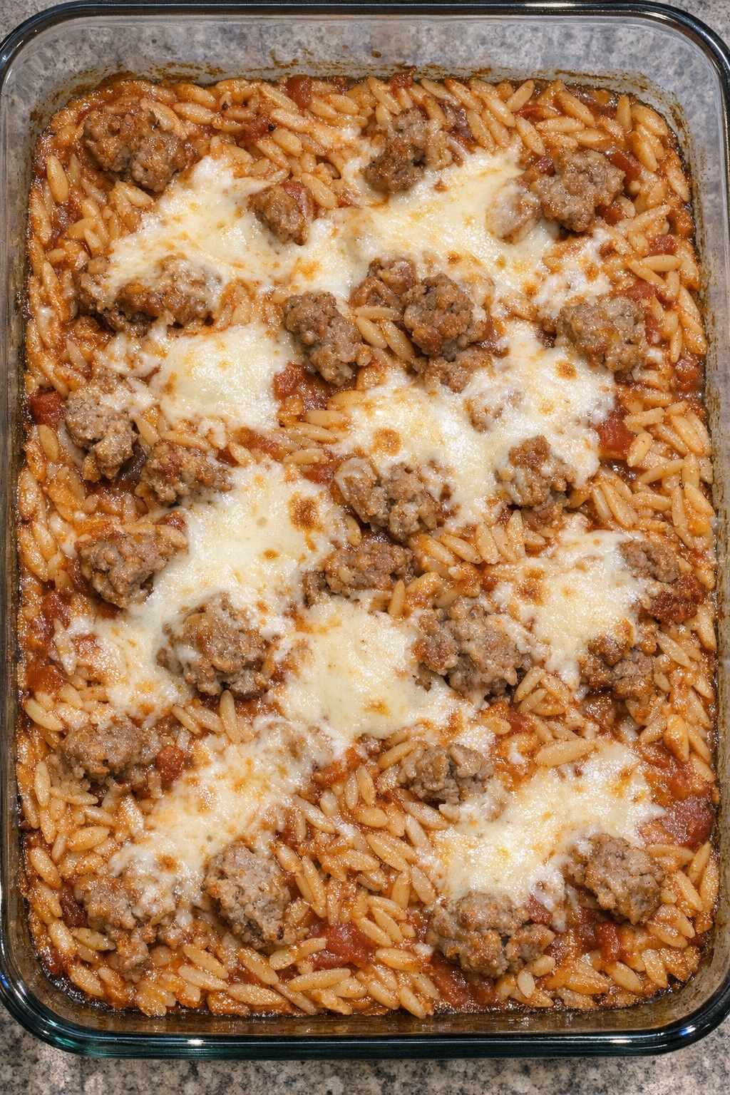 Golden baked orzo with Italian sausage and melted mozzarella in a glass baking dish