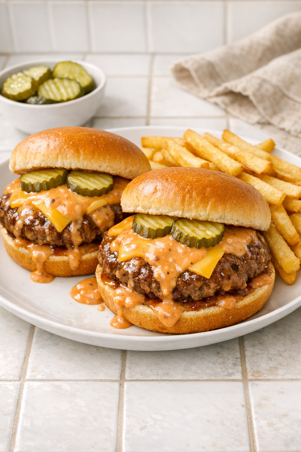 Finished slow cooker secret sauce burgers on buns with sauce and pickles