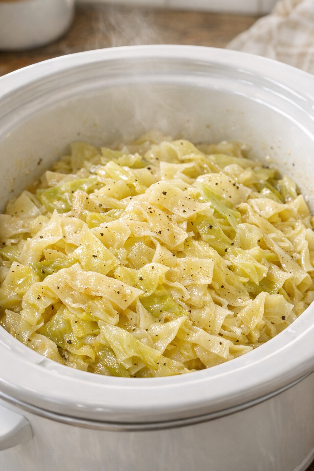 Tender cooked cabbage ribbons in melted butter inside the slow cooker