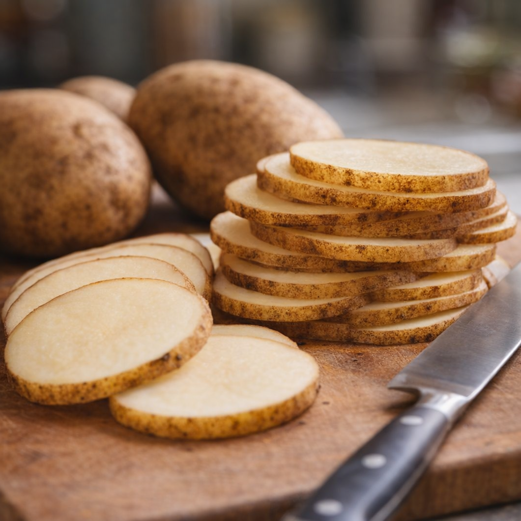 Thinly sliced potatoes on a cutting board