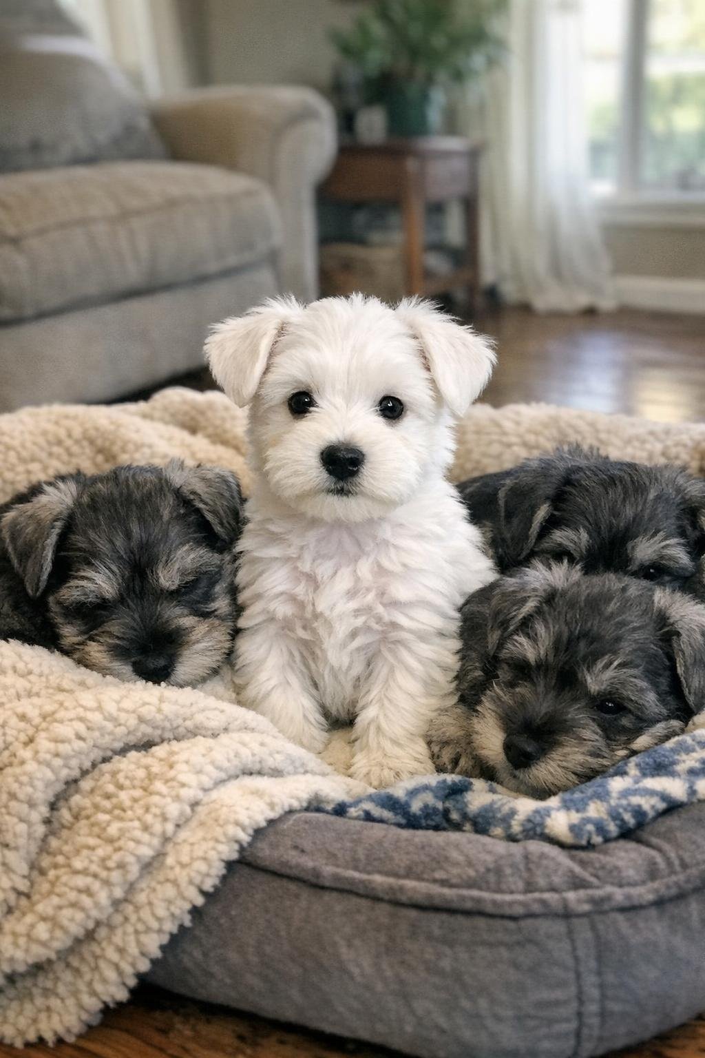 A pure white miniature Schnauzer puppy beside darker littermates on a dog bed