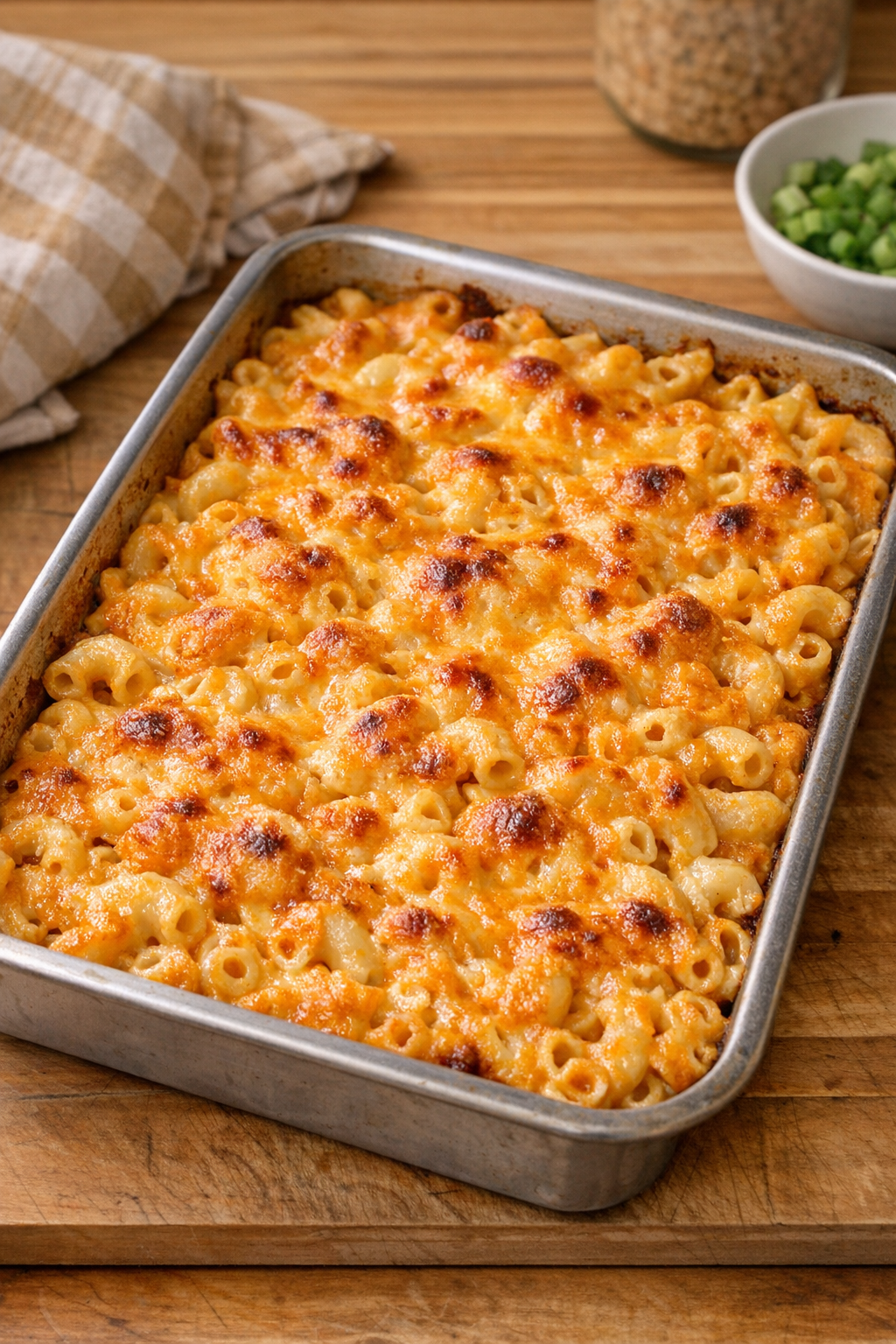Finished baked nacho cheese macaroni in a casserole dish