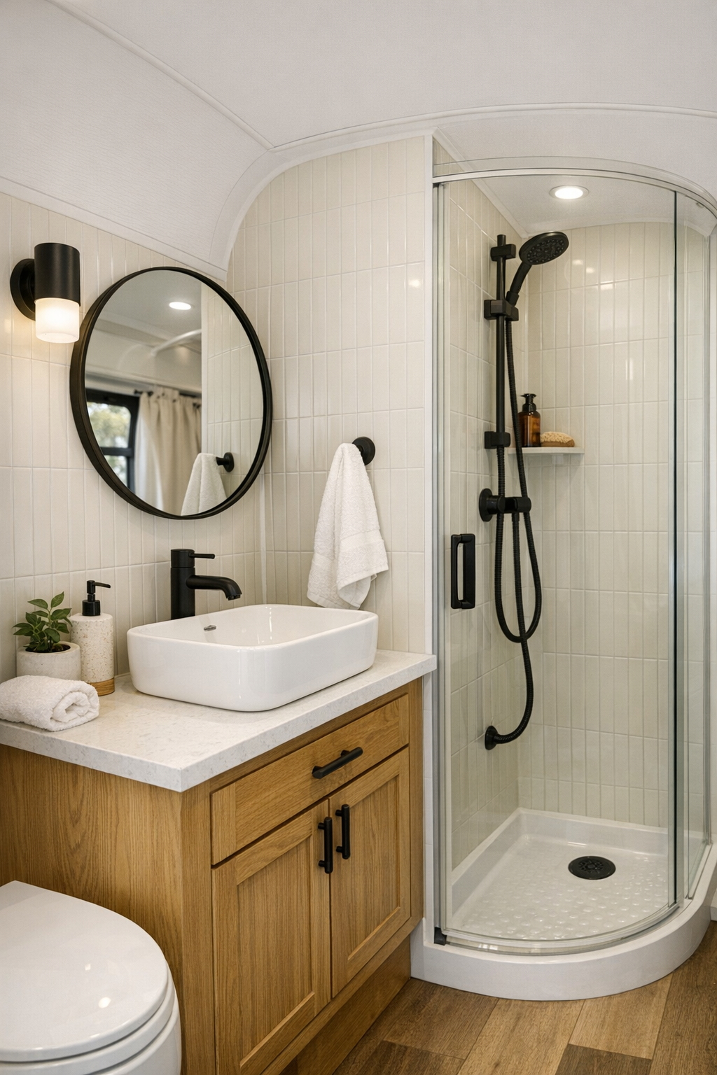 Compact bathroom with creamy tile, oak vanity, and glass shower inside the converted bus
