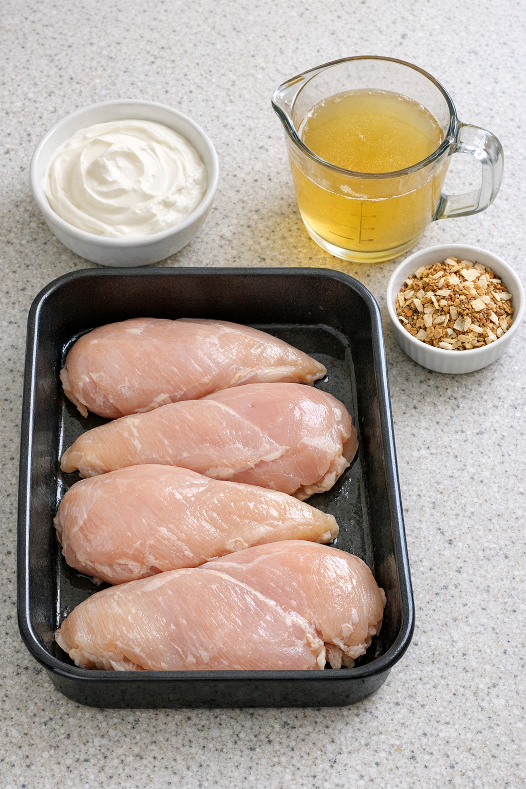 Chicken breasts with sour cream, broth, and onion soup mix ingredients
