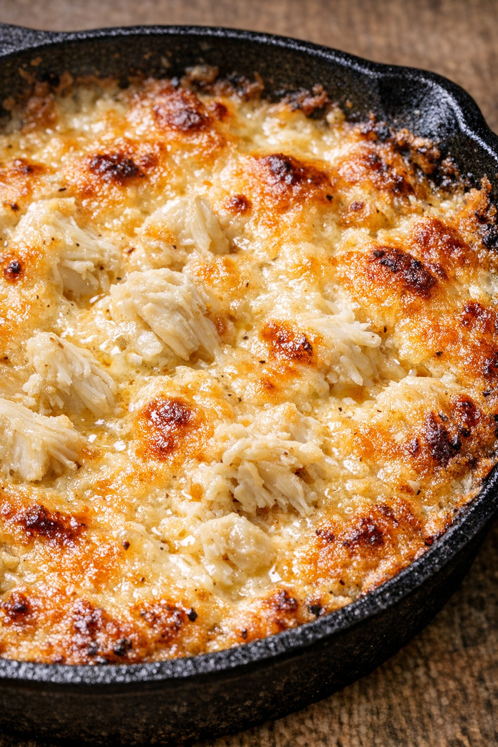 Southern hot crab dip bubbling in a cast iron skillet