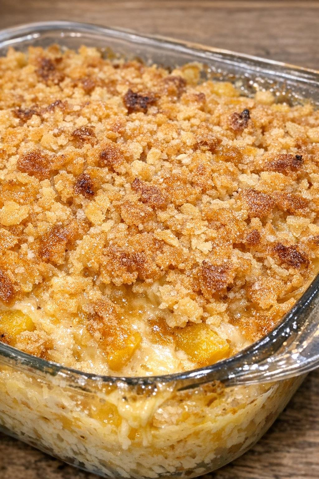 Buttery cracker-topped casserole in a glass dish
