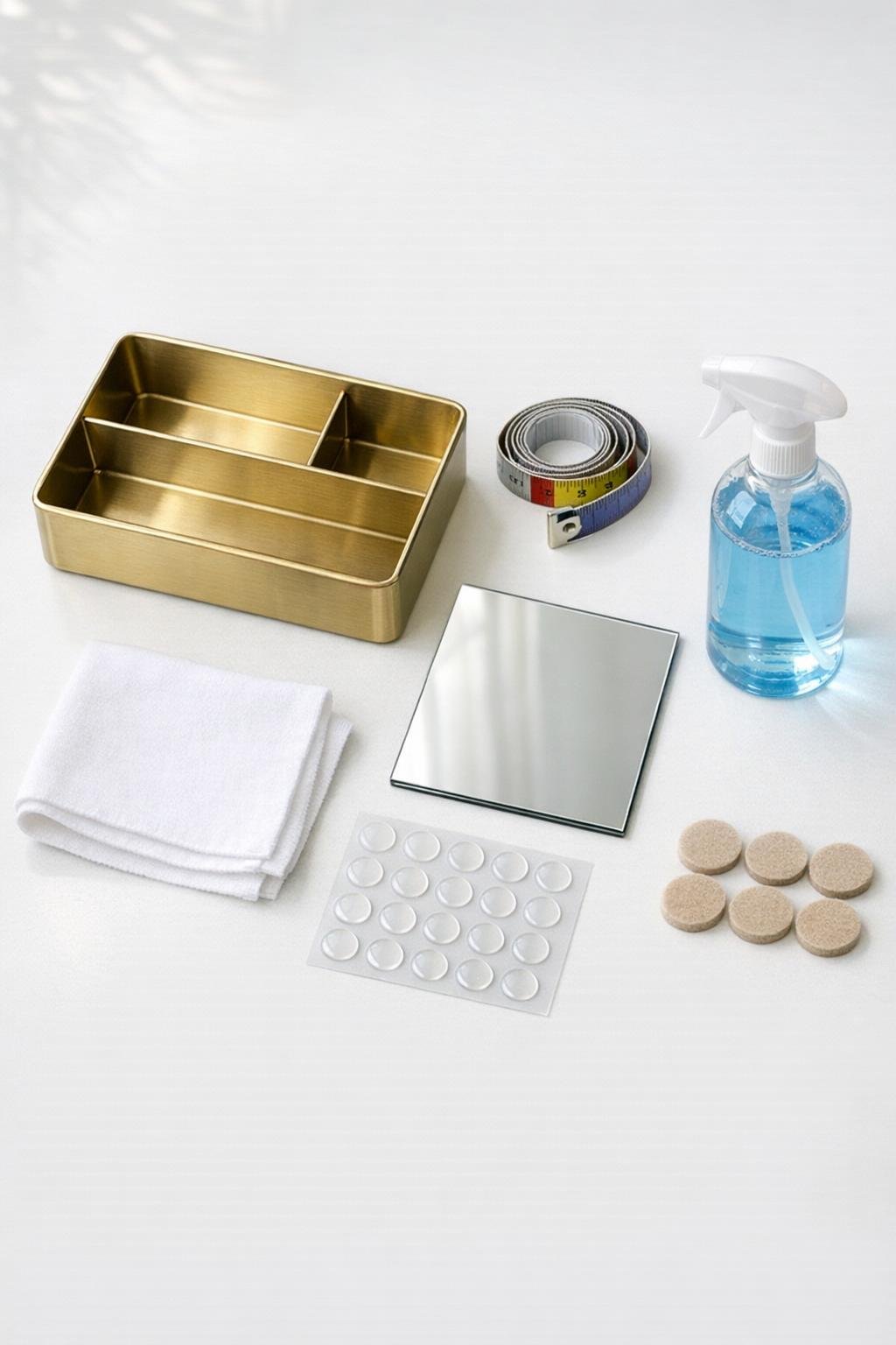 Materials for a brass organizer mirror tray laid out together