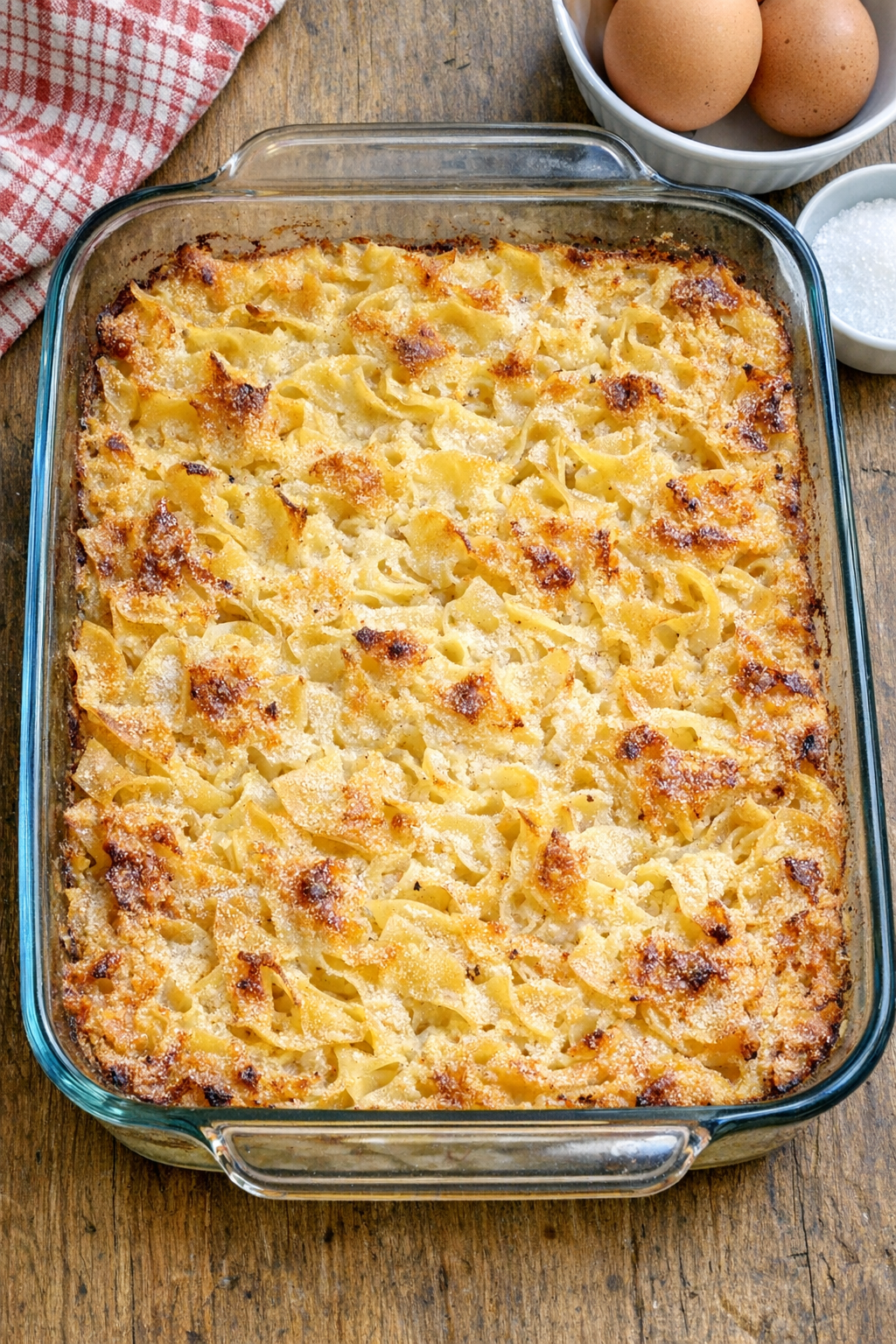 Finished baked noodle dessert in a glass baking dish