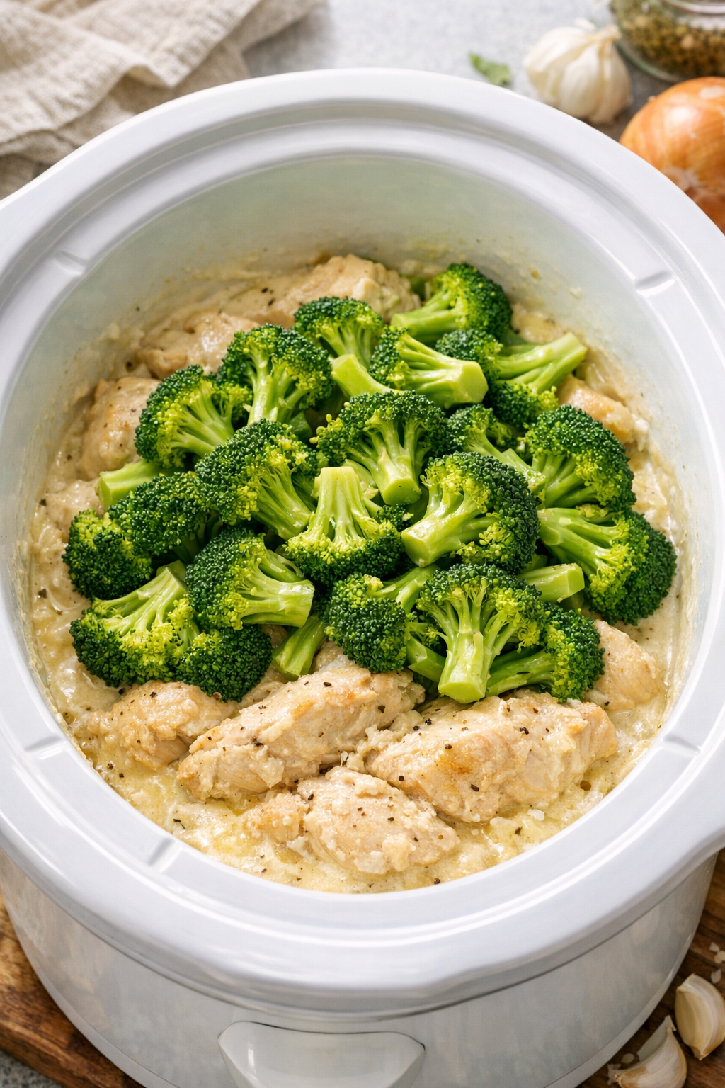 Creamy chicken mixture with broccoli just added to the slow cooker
