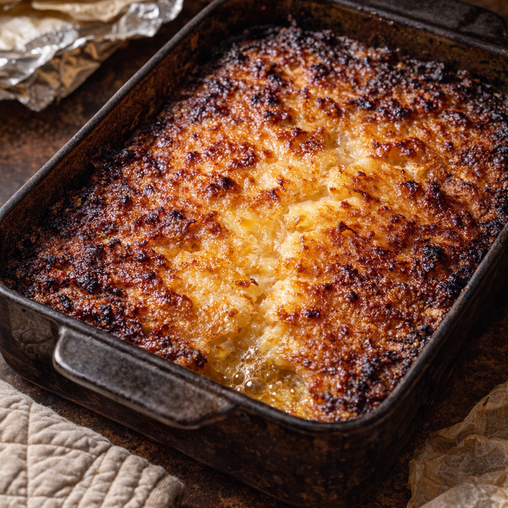 Bronzed potato bake fresh from the oven with crisp edges