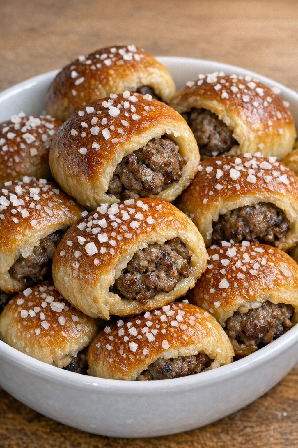 Oven baked beef pretzel bites in a white ceramic bowl