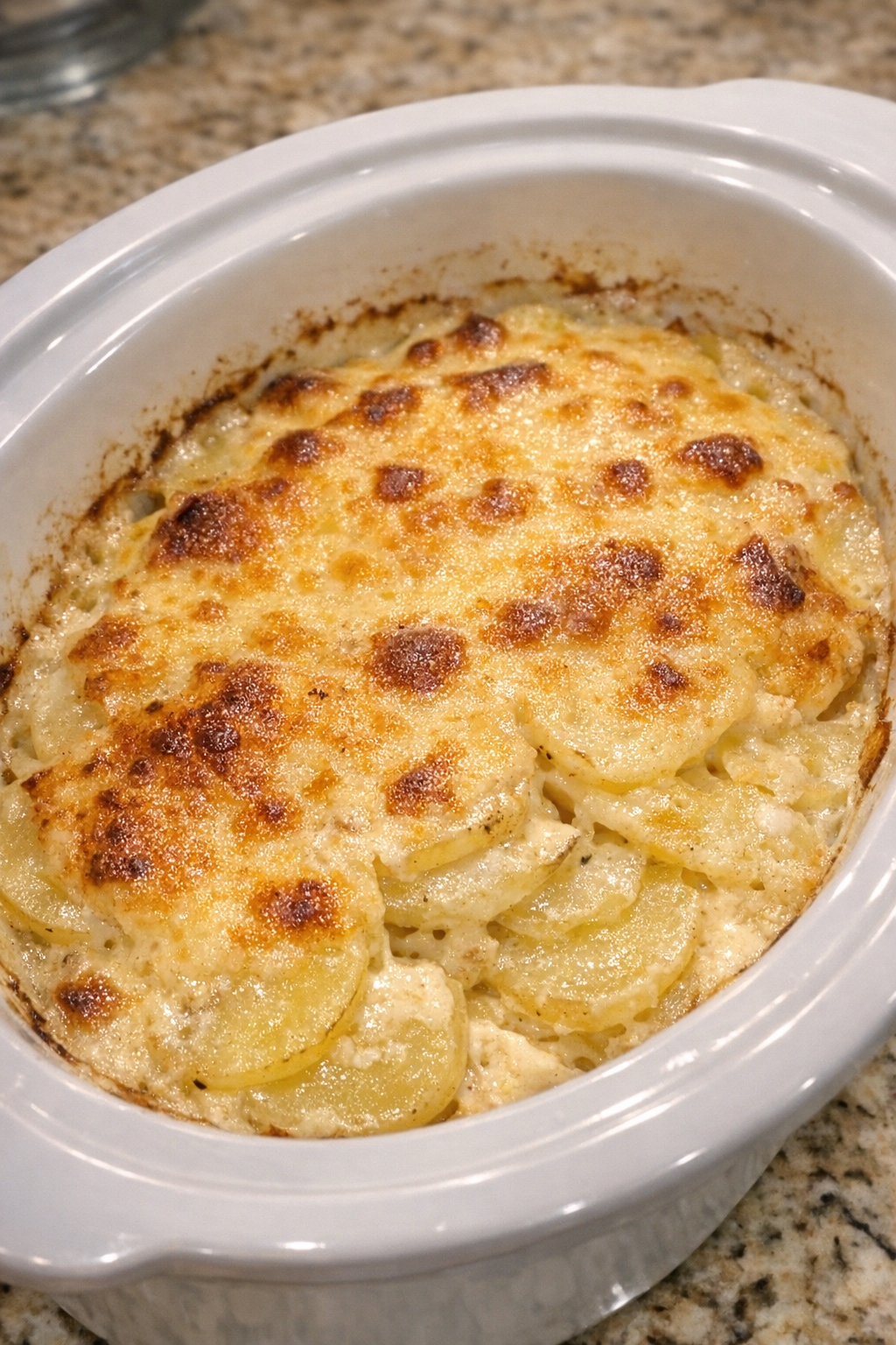 Finished creamy scalloped potatoes in a white oval slow cooker