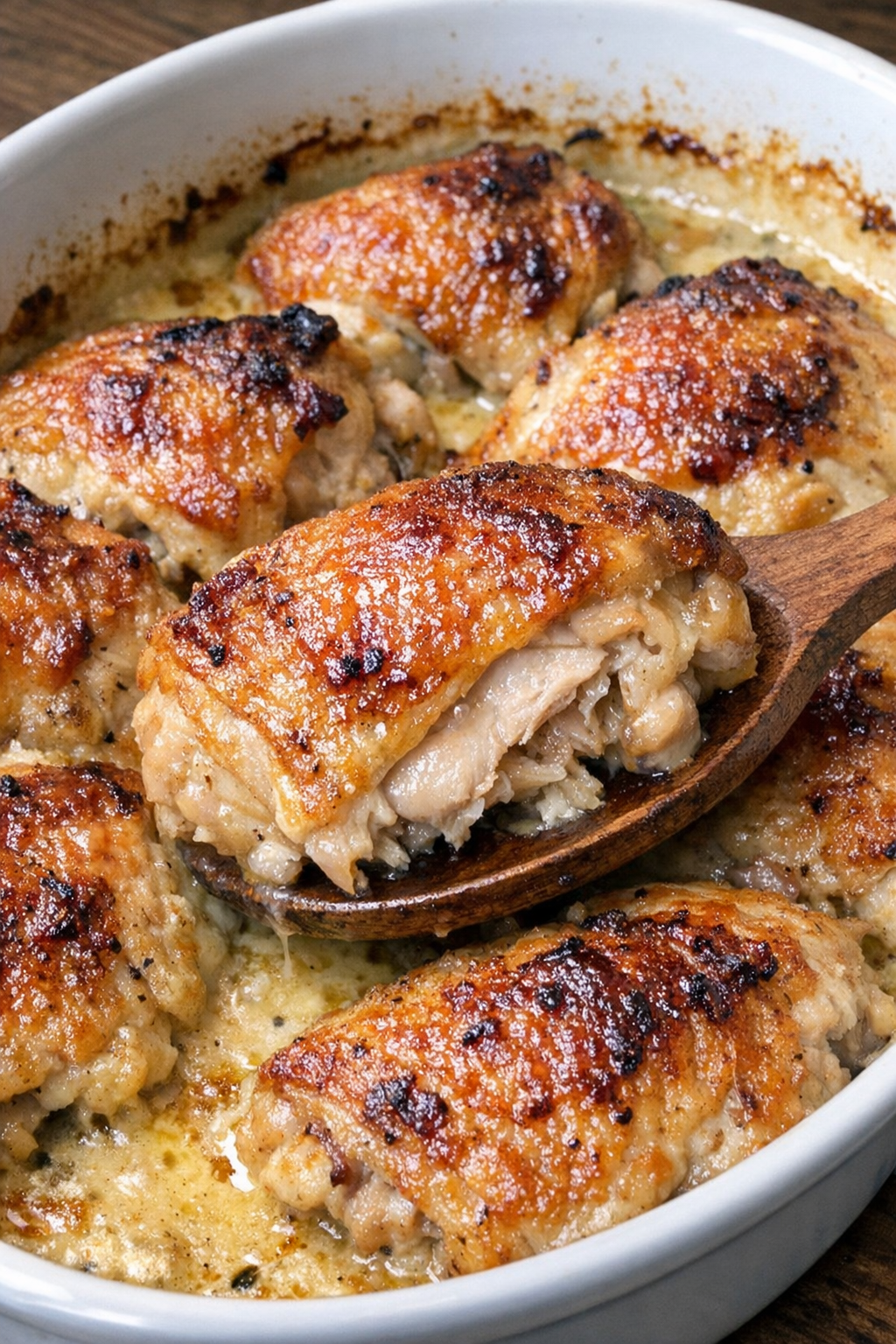 Golden brown chicken in creamy sauce in a white casserole dish
