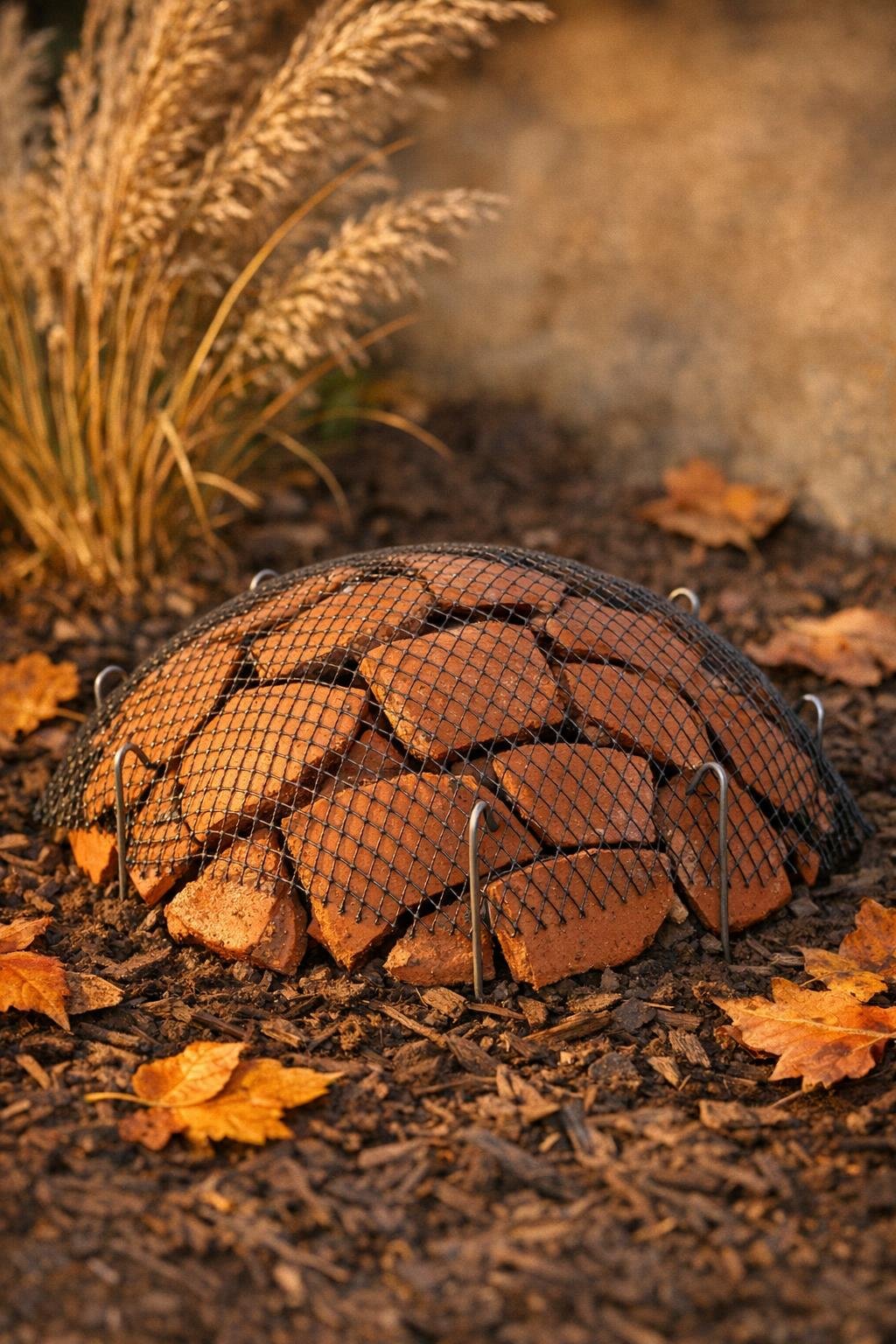 Finished perennial crown protector made from broken terracotta pot pieces in a garden bed