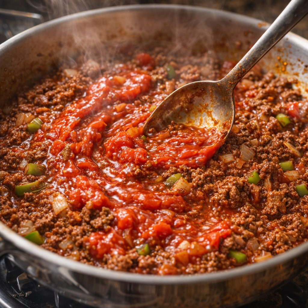 Tomato sauce being stirred into the beef mixture