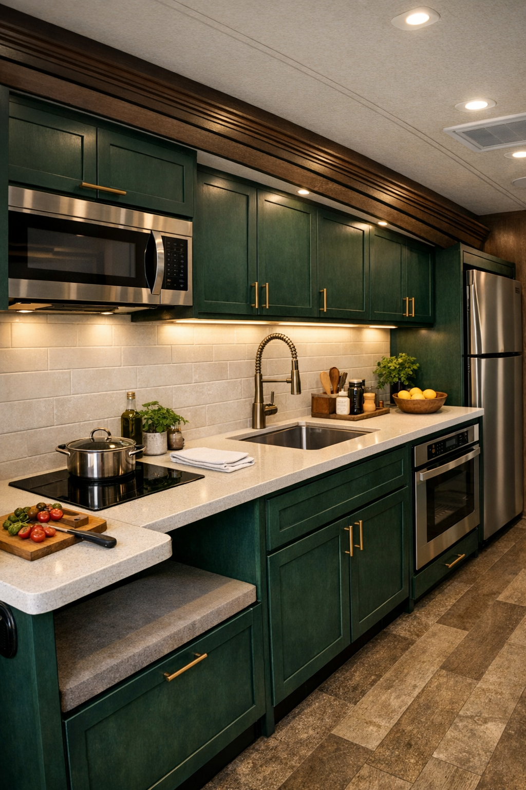 Emerald accessible RV kitchen with pale quartz counters and bronze hardware